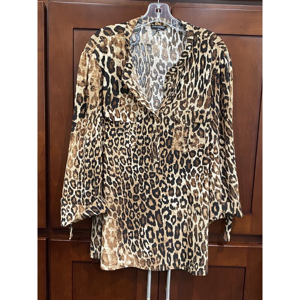 Ava & Grace Womens 3X Leopard Print Tunic Top Roll Tab Sleeve Stretch! - Picture 3 of 13